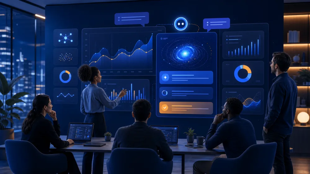 Team reviewing AI-driven analytics on a mission-control style dashboard