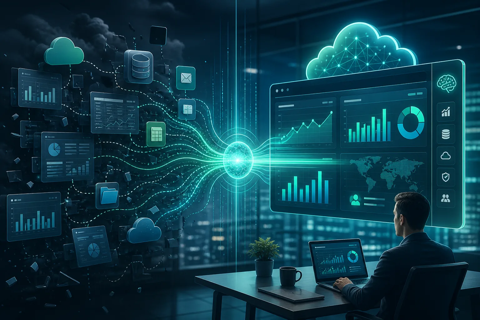 Fragmented cloud apps and data sources being unified into a stable AI-enabled reporting system