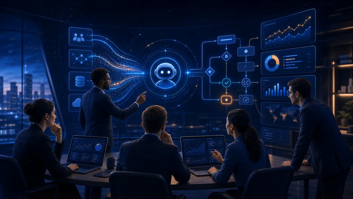 Business team using AI tools, software systems, and workflow design to solve practical operational problems